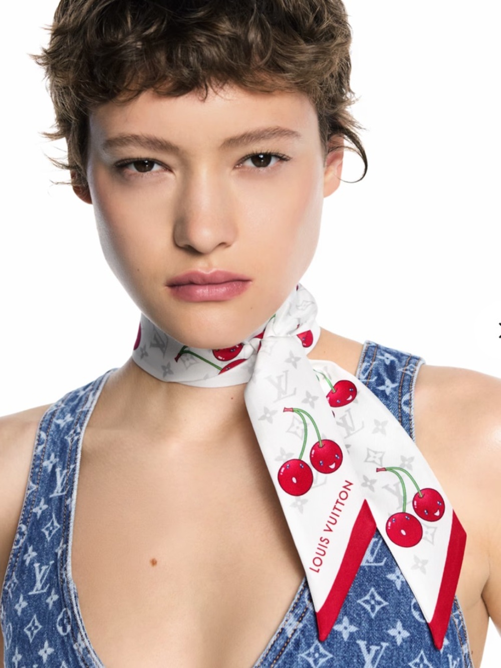 Louis Vuitton Murukami Silk Twilly with Red Cherry Motif